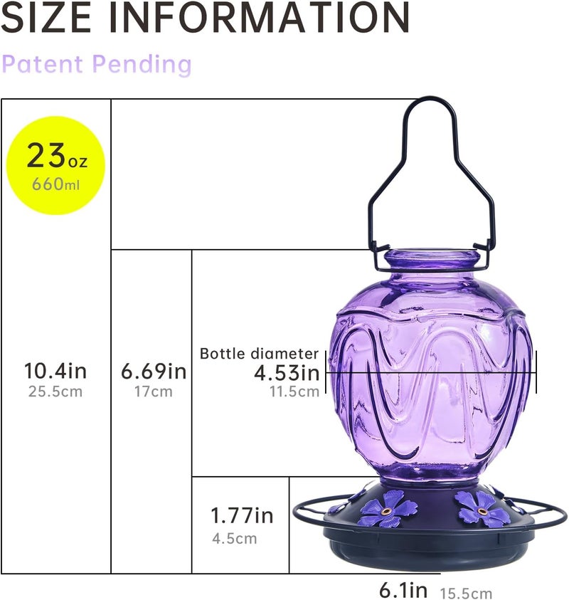 MCHBF Glass Hummingbird Feeder for Outdoors Hanging,24Ozs Humming Bird Nectar Feeder w/Perch,5 Flower Feeding Ports,Leak Proof Base and Hook for Outside Garden Backyard Decor, Gifts for Women Mom,Purple - Image 2